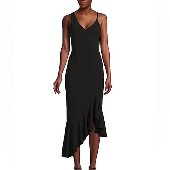 SAKS OFF FIFTH Asymmetric Slip Midi Dress in Black - Picture 1 of 6
